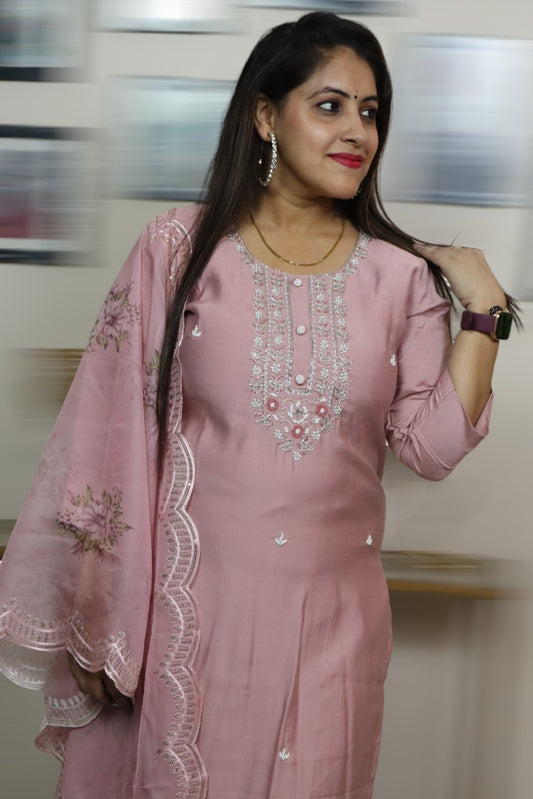 ISHI 862 Beautiful Pastel Pink Color Russian Silk Embroidery Work Patywear 3 Pcs Suit