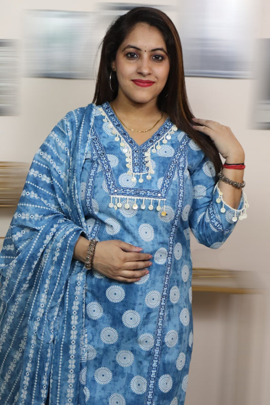 ISHI 881 Beautiful Sky Blue Color Cotton Designer Straight 3 Pcs Suit