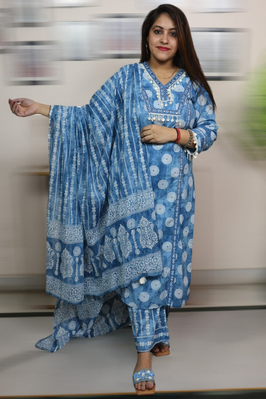ISHI 881 Beautiful Sky Blue Color Cotton Designer Straight 3 Pcs Suit