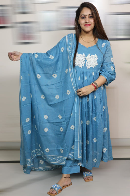 ISHI 875 Beautiful Designer Blue Color Mal Cotton Embroided 3 Pcs Suit
