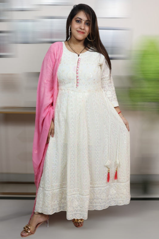ISHI 869 Beautiful Designer White Color Georgette Full Embroided Anarkali 3 Pcs Suit