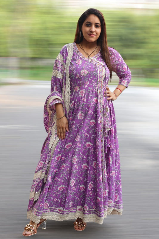 ISHI 645 Beautiful Designer Purple Color Floral Printed Cotton Anarkali 3 Pcs Suit