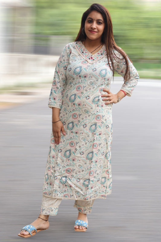 ISHI666 Beautiful Designer Off White Color Floral Cotton 2 Pcs Suit