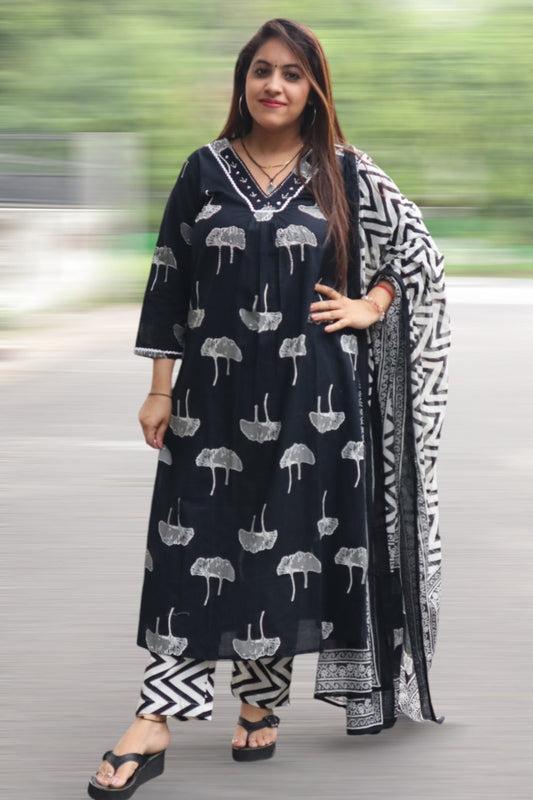ISHI778 Premium Cotton Black Color Printed 3 Pcs Suit