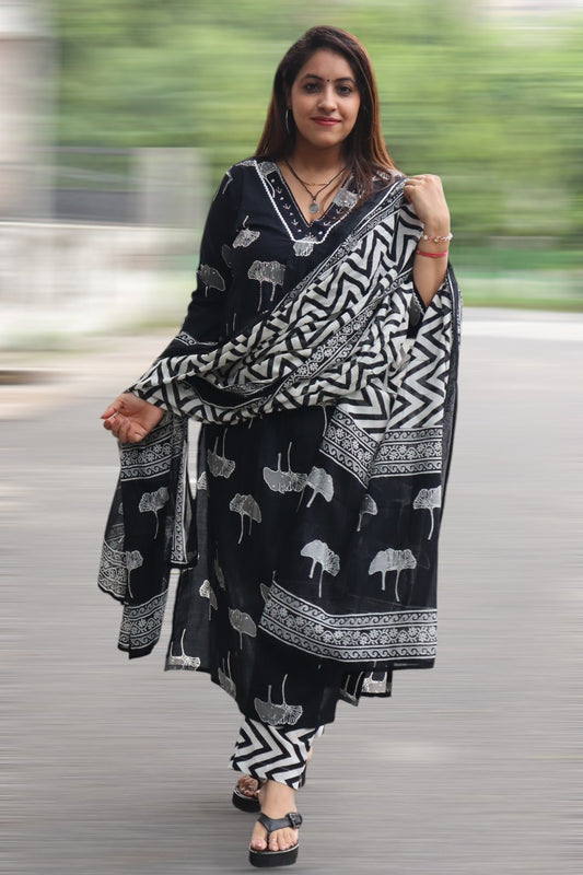 ISHI778 Premium Cotton Black Color Printed 3 Pcs Suit