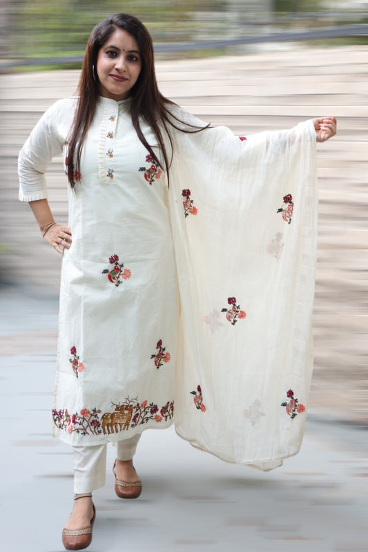 ISHI738 Premium Designer Off White Handwork Cotton 3 Pcs Suit