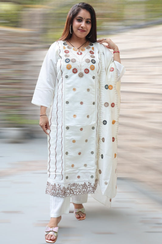 ISHI 729 Beautiful Designer Off White Color Embroided Muslin Straight 3 Pcs Suit