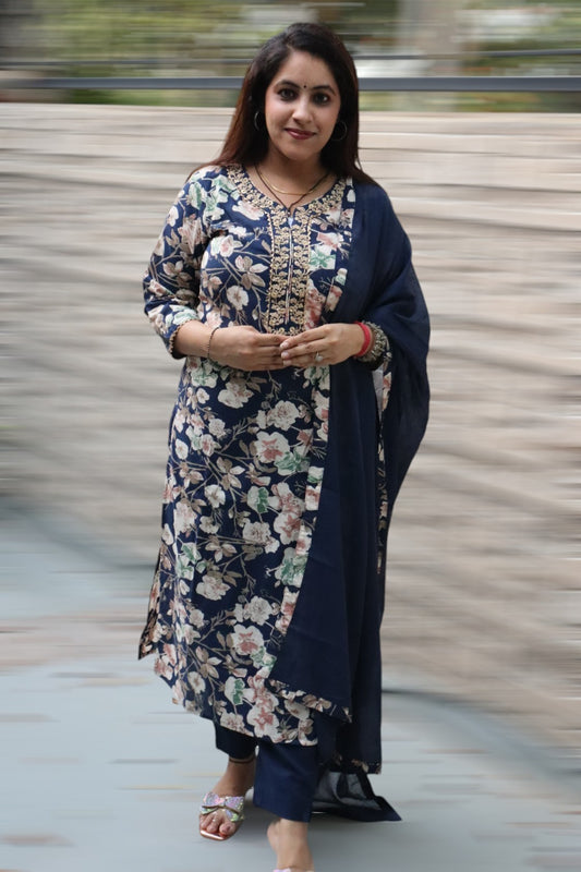 ISHI 707 Beautiful Navy Blue Color Floral Printed Premium Cotton 3 Pcs Suit