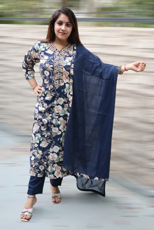 ISHI 707 Beautiful Navy Blue Color Floral Printed Premium Cotton 3 Pcs Suit