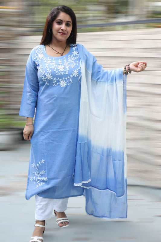 ISHI 870 Beautiful Blue Color Mal Cotton Embroided Straight 3 Pcs Suit