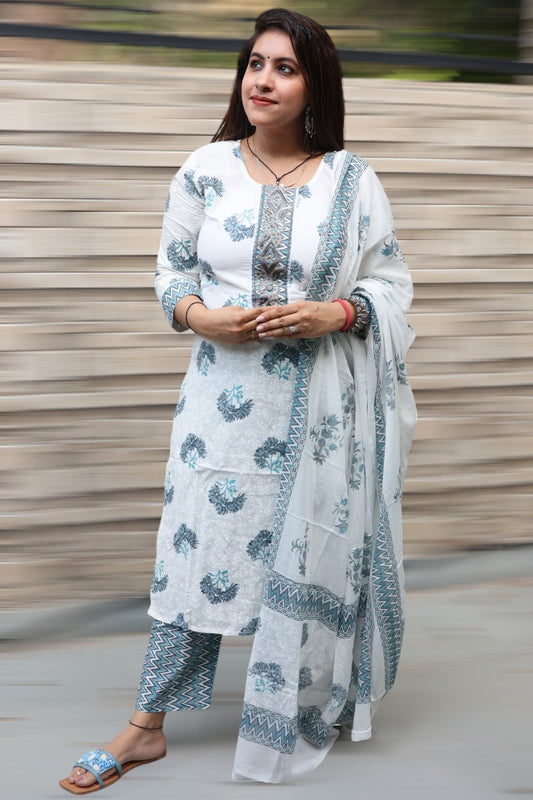 ISHI 784 Beautiful Off White Color Cotton Straight 3 Pcs Suit