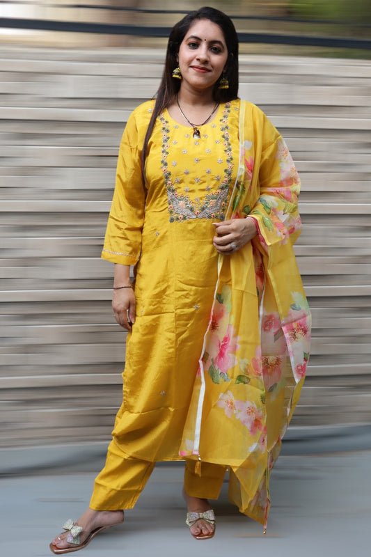 ISHI 562 Beautiful Yellow Color Chinnon Partywear Straight 3 Pcs Suit