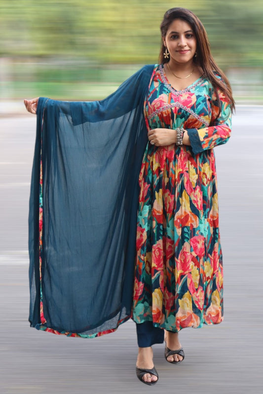 ISHI 529 Beautiful Multi Color Chinnon Alia Cut 3 Pcs Suit