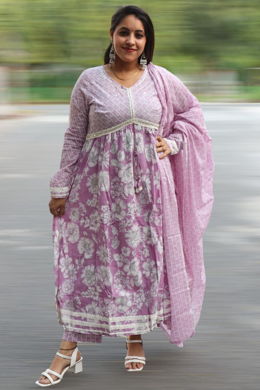 ISHI 556 Beautiful Lavender Color Cotton Alia Cut Anarkali 3 Pcs Suit