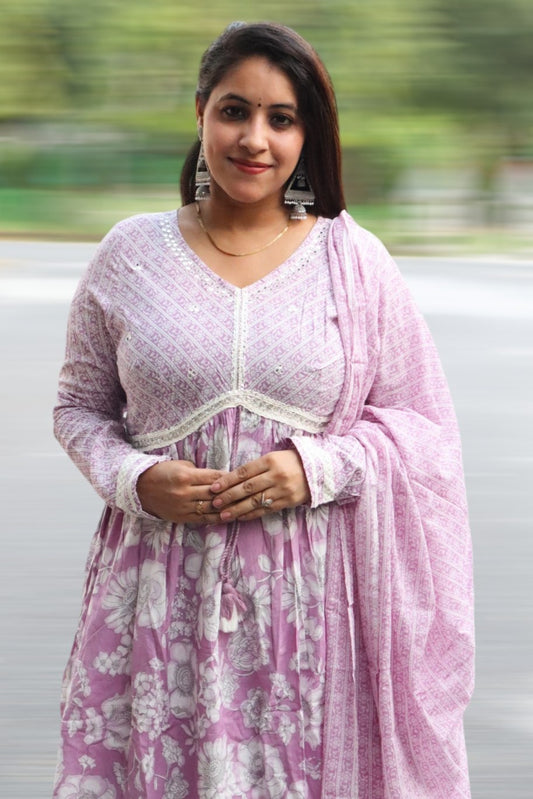ISHI 556 Beautiful Lavender Color Cotton Alia Cut Anarkali 3 Pcs Suit