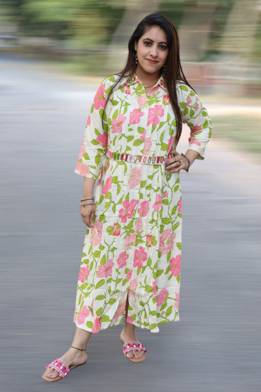 ISHI 354 Beautiful Indo Western Multi-Color Organic Cotton Dress with Belt