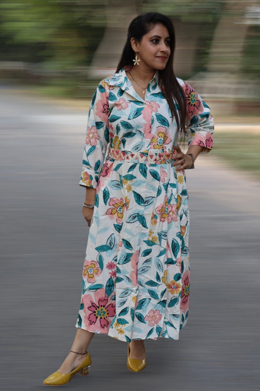 ISHI 365 Beautiful Indo Western Multi-Color Organic Cotton Dress with Belt