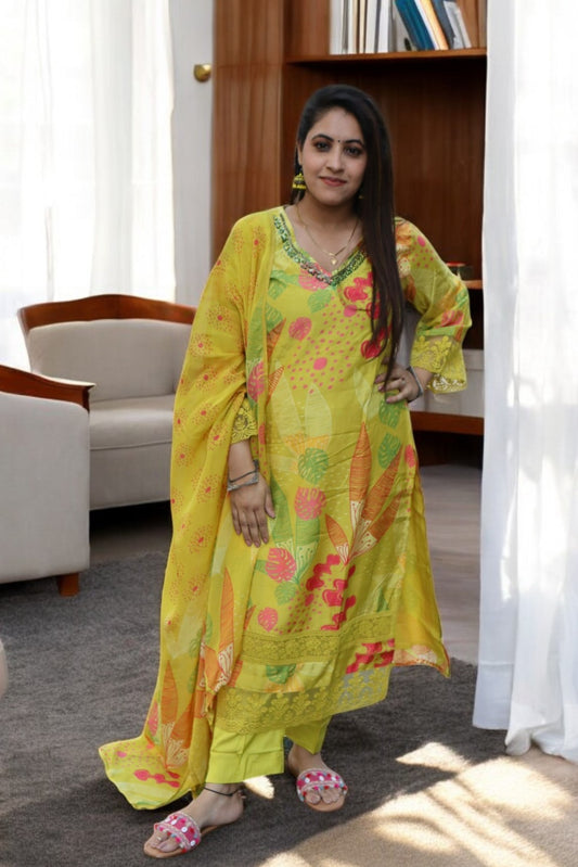 ISHI535 Beautiful Mustard Yellow Color Premium Crepe 3 Pcs Suit