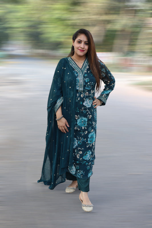 ISHI 521 Beautiful Teal Green Color Premium Chinnon 3 Pcs Suit