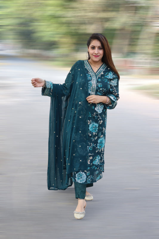 ISHI 521 Beautiful Teal Green Color Premium Chinnon 3 Pcs Suit