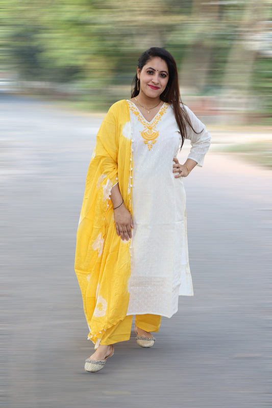 ISHI 790 Beautiful Off White & Yellow Color Cotton Embroided 3 Pcs Suit