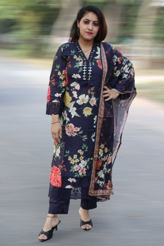 ISHI 525 Beautiful Black Color with digital floral Print Muslin Designer 3 Pcs Suit