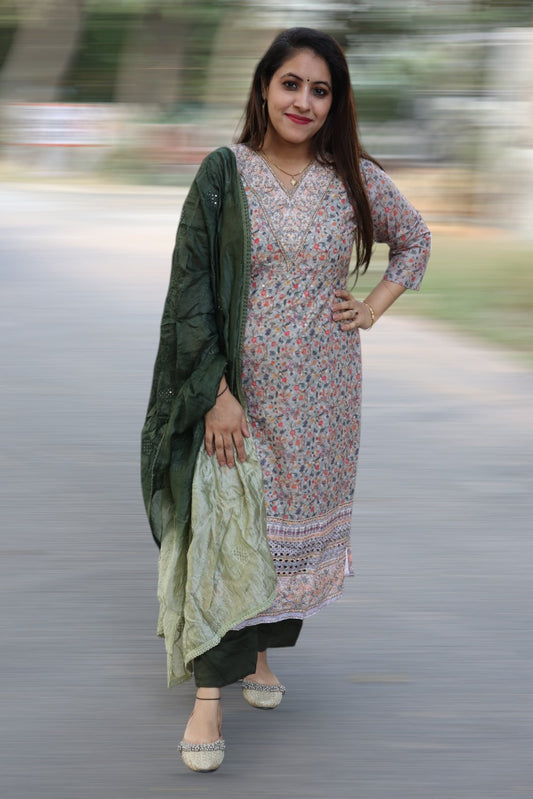 ISHI 546 Beautiful Green Color Schffli Cotton Straight 3 Pcs Suit