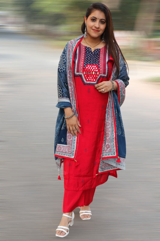 ISHI 912 Beautiful Orange Red Color Muslin Gujrati Gamthi Work Straight 3 Pcs Suit