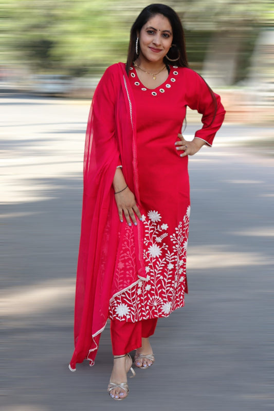 ISHI 921 Beautiful Cherry Red Color Heavy Vatican Silk Embroided 3 Pcs Suit