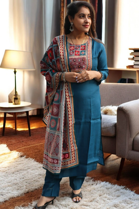 ISHI 937 Beautiful Designer Premium Royal Blue Color Muslin A-Line Gamthi Work 3 Pcs Suit