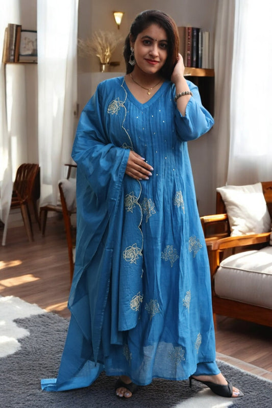 ISHI 938 Beautiful Designer Premium Blue Color Mal Chanderi A-Line 3 Pcs Suit