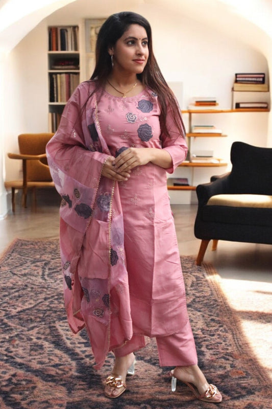 ISHI 977 Beautiful Onion Color Roman Silk 3 Pcs Suit