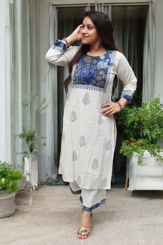 SDC018 Designer Off White Color Khadi Cotton Gamthi Work 2 Pcs Set