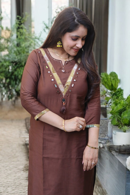 SDC039 Beautiful Brown Color Cotton Real Mirror & Patch Work 2 Pcs Set