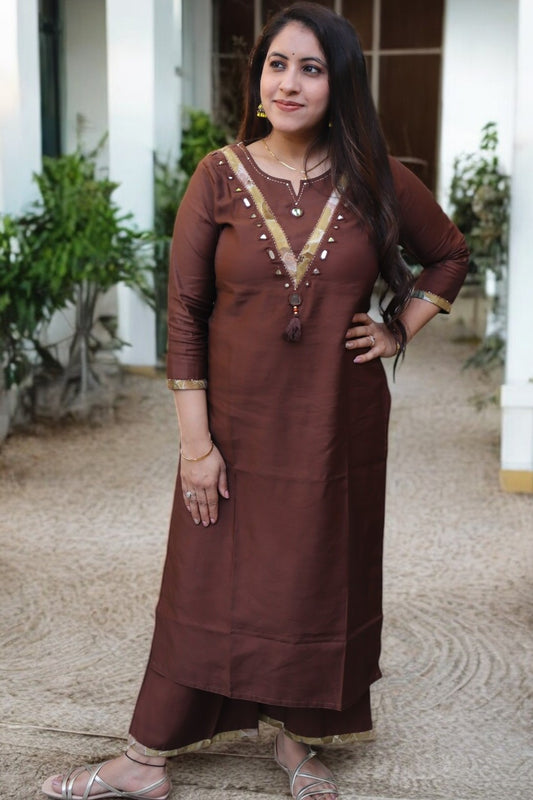 SDC039 Beautiful Brown Color Cotton Real Mirror & Patch Work 2 Pcs Set