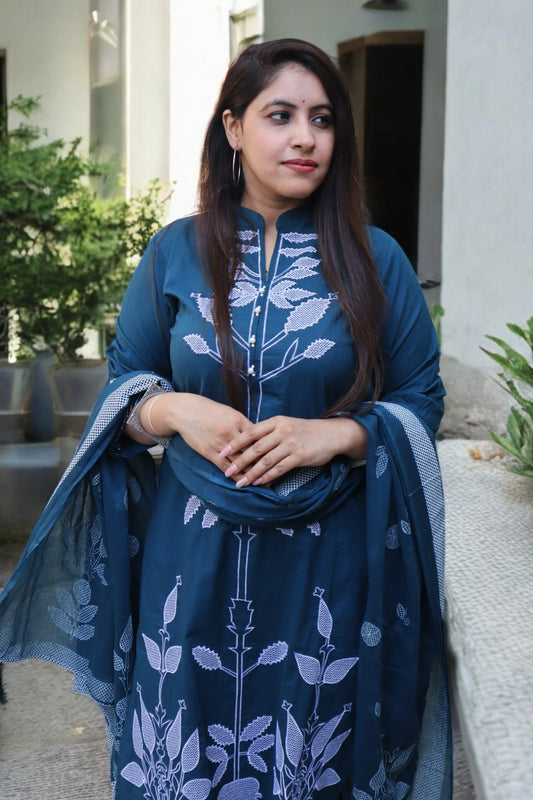 BBC057 Beautiful Teal Blue Color Cotton Embroided 3 Pcs Set