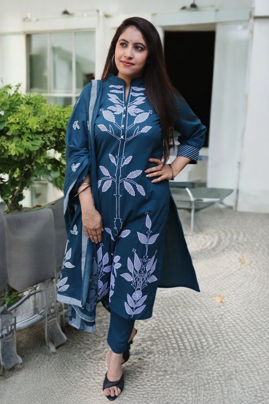 BBC057 Beautiful Teal Blue Color Cotton Embroided 3 Pcs Set