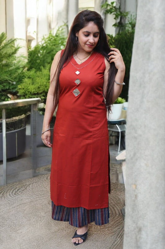 GCB063 Beautiful Rust Color Cotton Real Mirror Work 2 Pcs Set