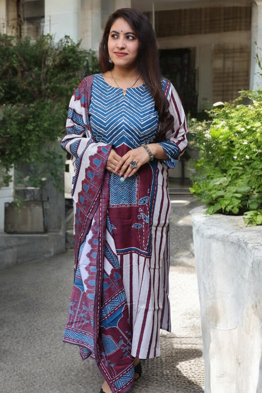 SDE069 Beautiful Multi-Color Gamthi Glace Cotton Braj Bhoomi Printed 3 Pcs Set