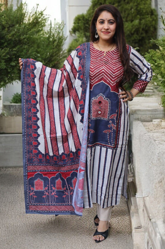SDE070 Beautiful Multi-Color Gamthi Glace Cotton Braj Bhoomi Printed 3 Pcs Set