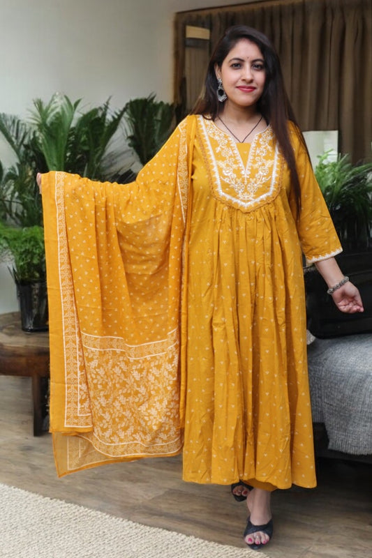 JTD080 Beautiful Mustard Yellow Color Cotton Embroided 3 Pcs Set