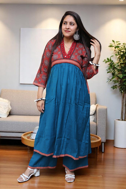 SDA087 Designer Teal Blue Color Gamthi Cotton Real Mirror work Co-ord Set