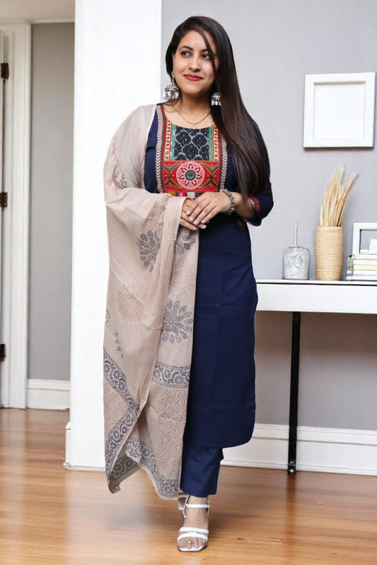 SCD095 Designer Blue Color Gamthi Cotton Real Mirror work 3pcs Suit