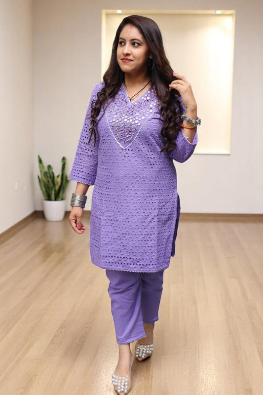 ANE014 Designer Purple Color Shiffli Cotton Real Mirror work Cord Set