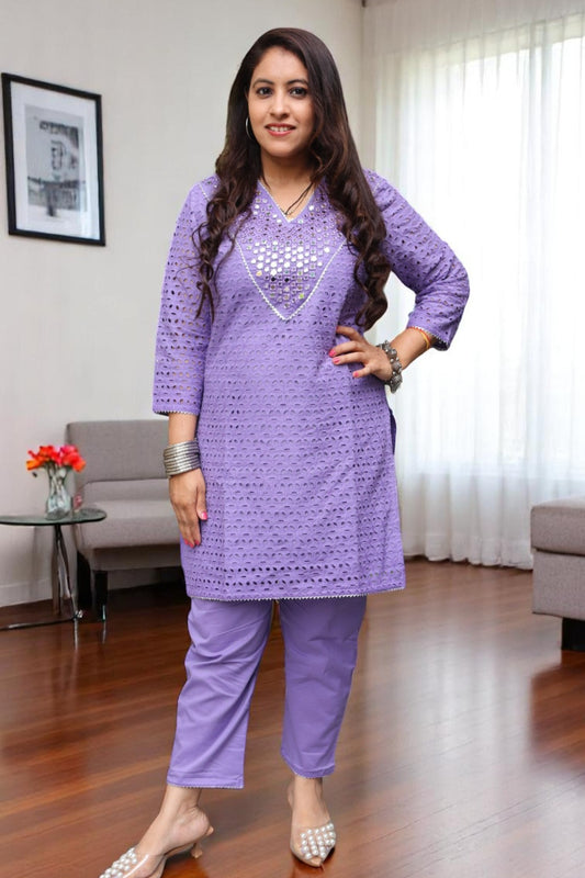 ANE014 Designer Purple Color Shiffli Cotton Real Mirror work Cord Set