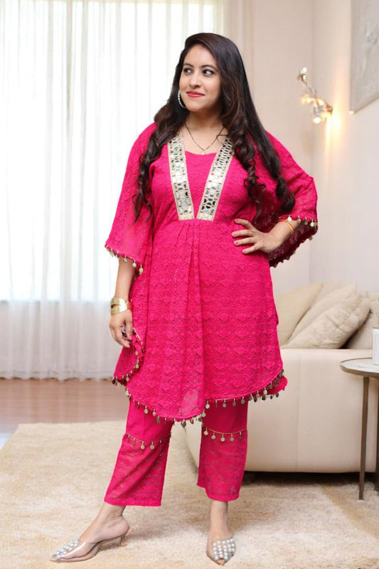 ANE0103 Designer Rani Pink Color Net Fabric Real Mirror work Kaftaan Style Cord Set