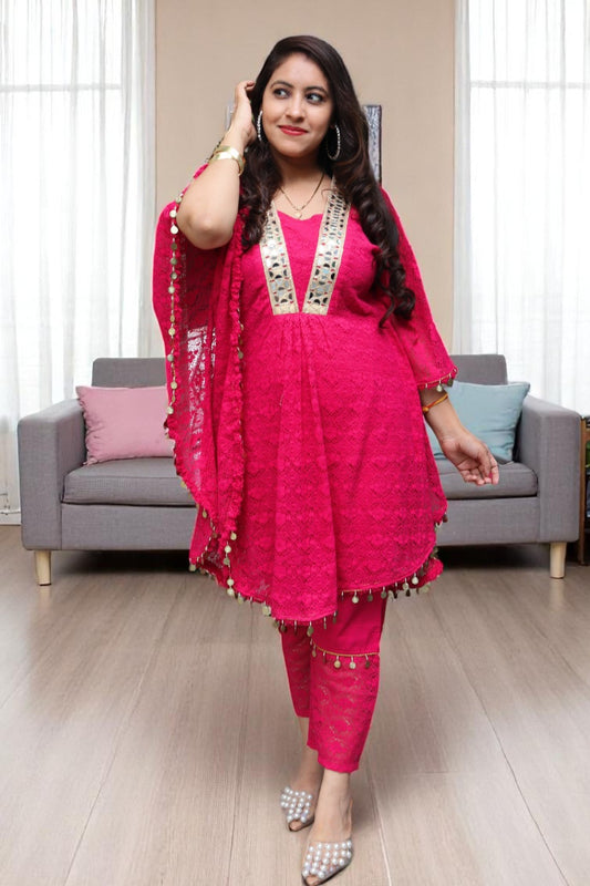 ANE0103 Designer Rani Pink Color Net Fabric Real Mirror work Kaftaan Style Cord Set