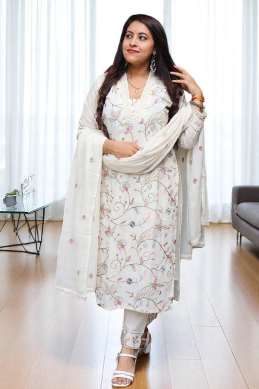 SCA098 Designer Off White Color Khadi Cotton Full Embroidery Work 3 Pcs Suit