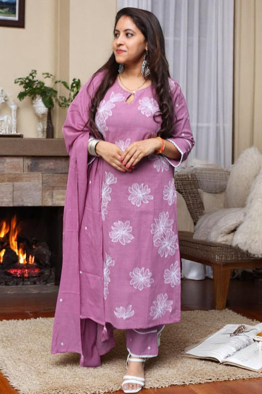 SDA0101 Designer Onion Color Flex Cotton Full Embroided 3 Pcs Suit