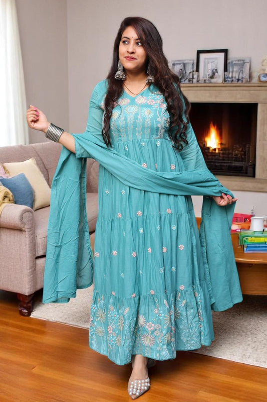 SDA0100 Designer Sea Green Mal Cotton Full Embroided Anarkali 3 Pcs Suit